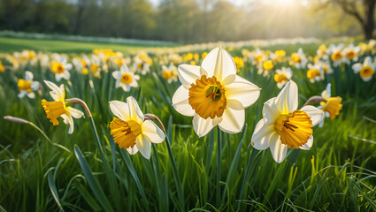 Obraz premium Vibrant Spring Daffodils Blooming in Sunny Field Close Up View
