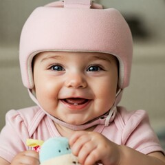 Baby Girl With Orthopedic Helmet. A baby girl with an orthopedic helmet smiles for the camera