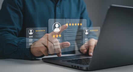 Naklejka premium Person interacting with digital review interfaces on a laptop computer screen display