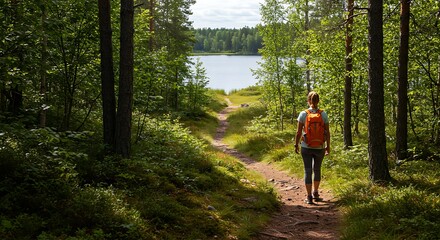Obraz premium Forest Path Serenity: Hiker's Journey to Lakeside Calm
