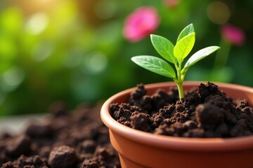 Close-up of rich, dark potting soil in a terracotta pot, ready for planting , earth, nature, loam
