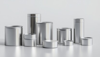 Variety of metallic storage containers.  Different shapes and sizes of cylindrical and round containers