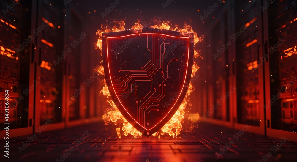 Aufkleber glowing circuit shield surrounded by flames with an abstract architectural setting shown around it