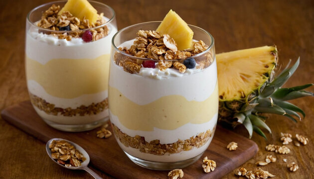 pineapple yogurt parfait topped with granola and coconut flakes