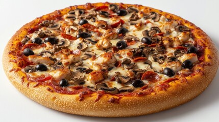 A round pizza topped with various ingredients.