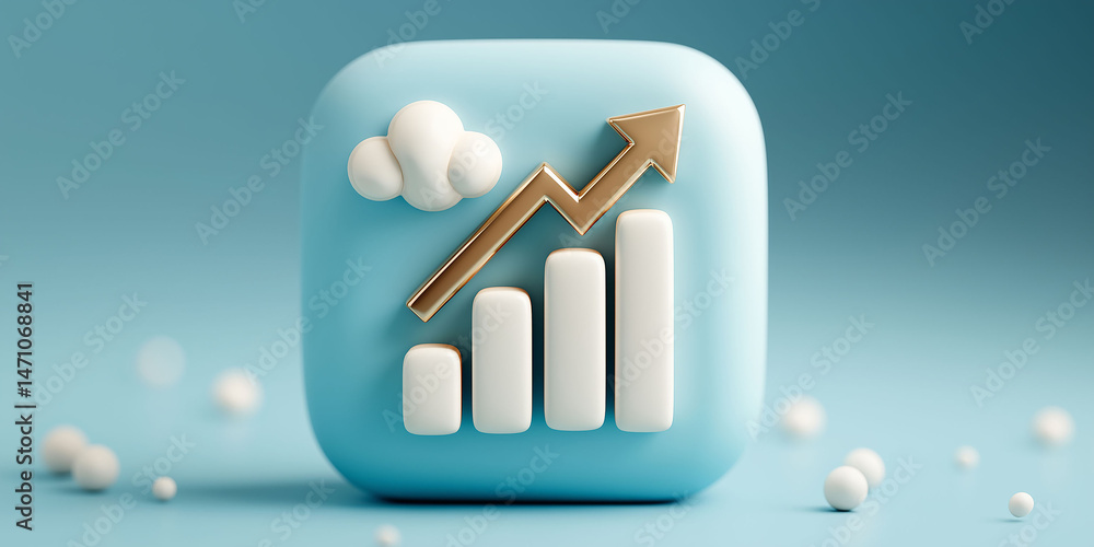 Poster 3d illustration of a golden arrow pointing upwards and white bars. the bars are stacked on top of ea