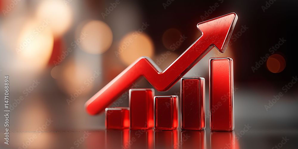 Aufkleber a 3d illustration of a red arrow pointing upwards, positioned above a series of red bars with a glas