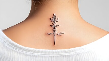 Obraz premium A close-up view of a woman's back with a simple black line tattoo of a stylized plant on the nape of her neck