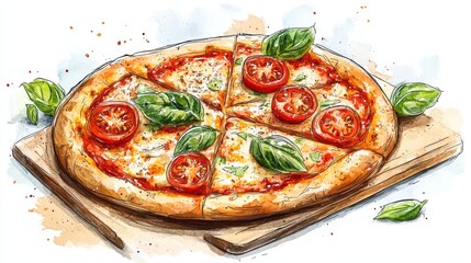 Hand-drawn illustration of a delicious pizza slice.