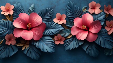 Obraz premium Modern 3D tropical floral background featuring bright hibiscus blossoms high resolution wallpaper
