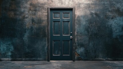 Dark, simple doorway set against a weathered stone wall.