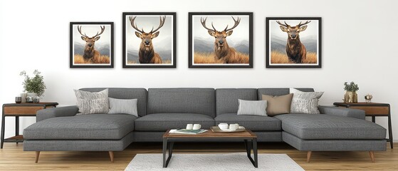 Living room interior with gray sectional sofa and deer artwork on the wall, modern design, bright, home decor, indoor