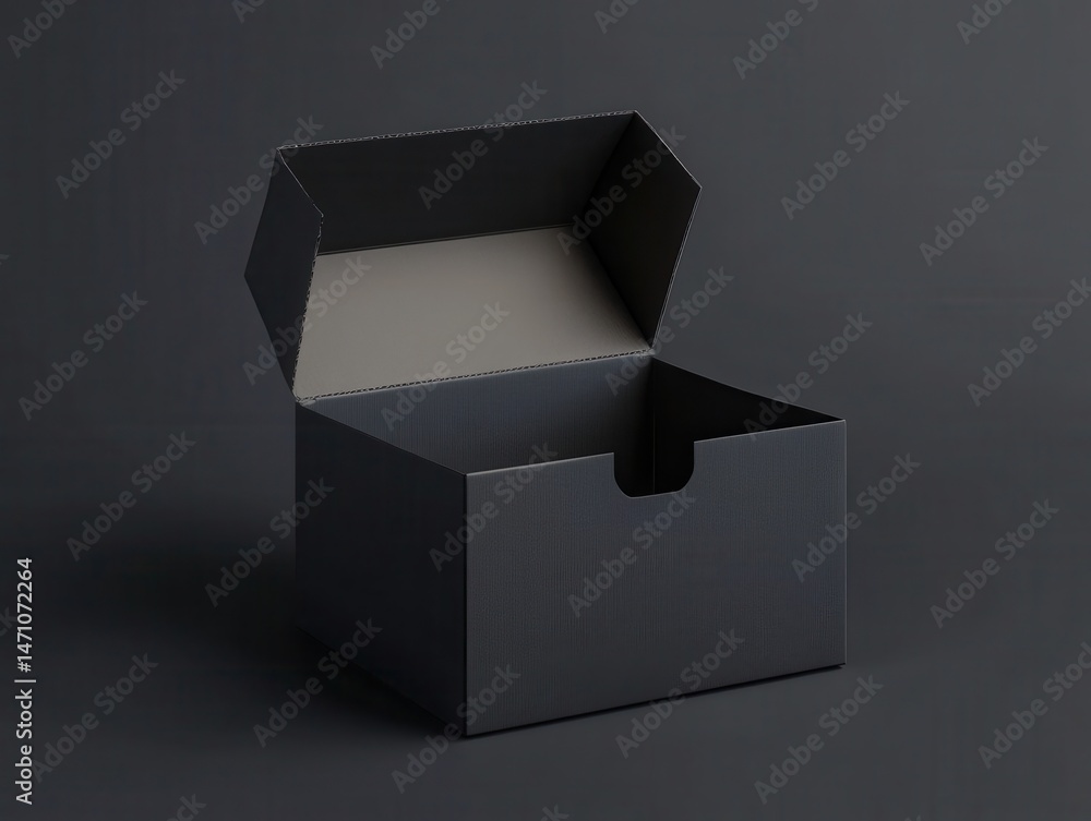 Poster a dark grey, rectangular box sits open on a matching background, showcasing its empty interior and s