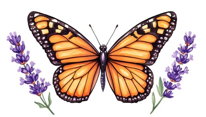 Fototapeta premium A monarch butterfly with outstretched wings is perched between two sprigs of purple lavender flowers