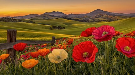 Scenic poppy field at dawn, rolling hills, and distant mountain range