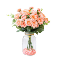 Obraz premium Peach Rose Bouquet in Glass Vase: A charming bouquet of peach-colored roses in a clear glass vase, adorned with greenery. The roses are artfully arranged, creating a delicate and romantic atmosphere.