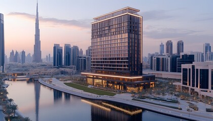 Obraz premium A modern, sleek high-rise hotel building with a water channel in front, surrounded by a cityscape with skyscrapers and a tall tower in the distance, at dawn