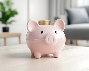 A pink piggy bank sits on a wooden table with a few gold coins on top. The background is a blurry shot of a living room