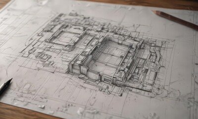 Artistic blueprint sketch; photorealistic overlay effect on textured paper,  construction,  overlay,  template