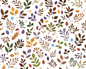 A seamless pattern of colorful leaves and branches on a white background