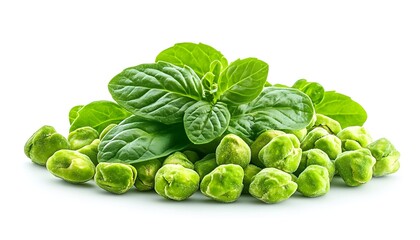 Fototapeta premium A small pile of green peas with a few pea leaves on top, isolated on a white background