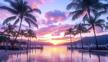 Obraz premium A stunning sunset over a calm ocean, silhouetted by palm trees and a resort pool