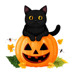 Halloween Cat and Pumpkin: A charming black cat sits atop a carved pumpkin, decorated with leaves and spiders, capturing the spirit of the season and Halloween magic.