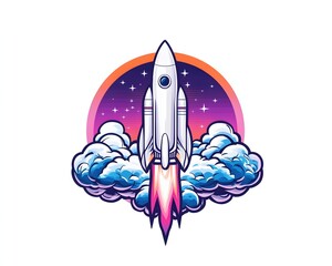 Obraz premium A white rocket ship blasts off through a starry night sky, leaving a trail of smoke and fire behind it