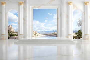 A white marble room with a view of a desert landscape