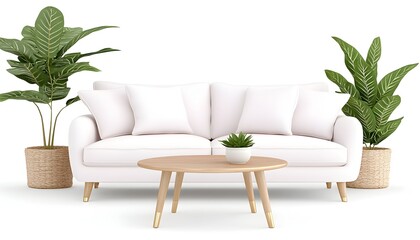A white sofa with wooden legs, two large leafy plants in woven baskets, and a round wooden coffee table with a small potted plant on top