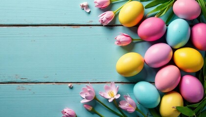 Obraz premium Vibrant pastel Easter eggs scattered on a rustic wooden surface Perfect for spring, holiday, and celebration themes , decor, colorful