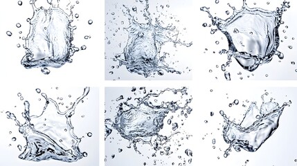 Six close-up images of water droplets splashing and creating a spray pattern against a white background