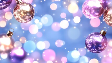 Shiny, metallic ornaments hang against a dreamy, blurred background of pastel lights and glitter