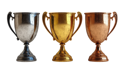 A trio of metallic trophies, showcasing silver, gold, and bronze awards, gleaming against a dark backdrop