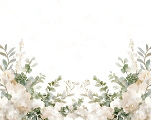 Watercolor floral border with white flowers and green leaves on a white background