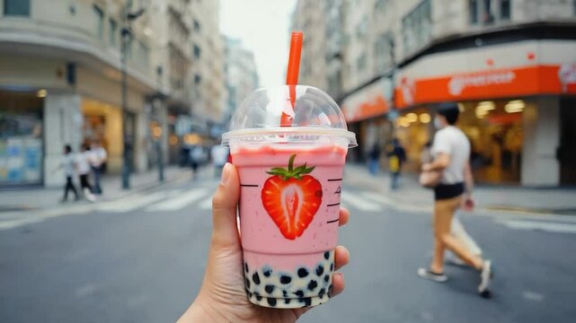 Hand holding a strawberry drink with boba pearls on a city street