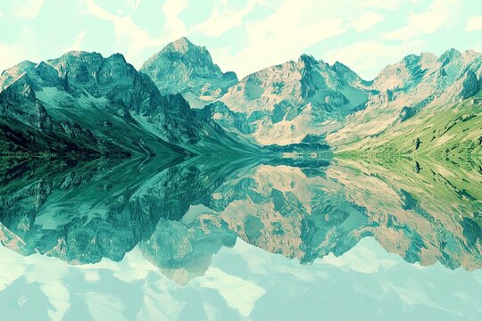 Flat vector background with mountain lake reflections cool cyan and moss green palette calm and serene.