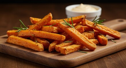Sweet potato fries with rosemary and dipping sauce on a wooden board.