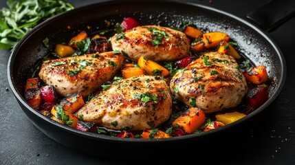 Delicious roasted chicken breasts with colorful vegetables in a pan.
