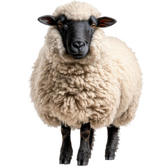 Isolated portrait of a domesticated sheep with fluffy wool and dark face details