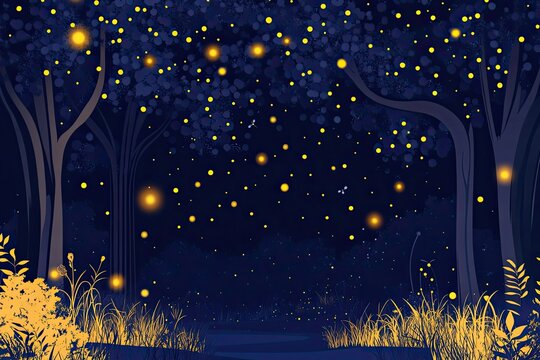 Flat vector background with night forest and fireflies dark indigo and glowing yellow palette magical and mysterious.