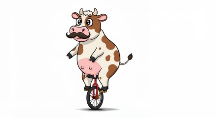 Obraz premium Cartoon cow balancing on a unicycle
