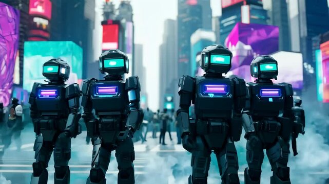 Futuristic Robot Police Patrol in City, AI Security, Urban Scifi 4K.