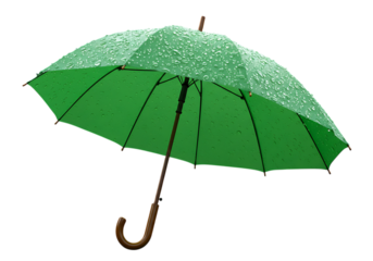 Green umbrella isolated on transparent background with raindrops, for weather illustrations, protection, and seasonal designs.