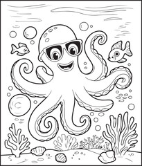Cute octopus with ocean underwater scenery coloring page for kids, black line art vector for children book design