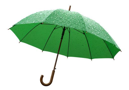 Green umbrella isolated on transparent background with raindrops, for weather illustrations, protection, and seasonal designs.