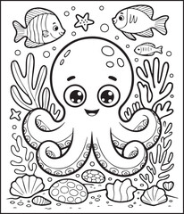 Obraz premium Cute octopus with ocean underwater scenery coloring page for kids, black line art vector for children book design