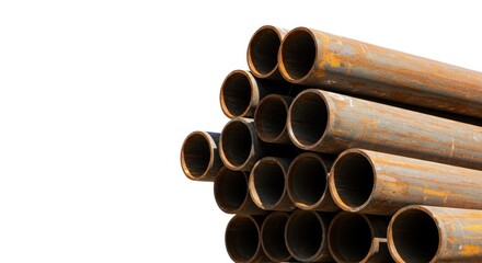 Stack of rusty metal pipes isolated on white background industrial material.