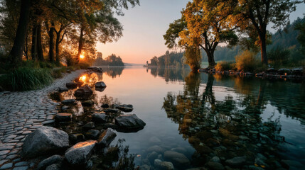 Obraz premium Tranquil lake sunset reflections scenic nature view peaceful environment calm waters