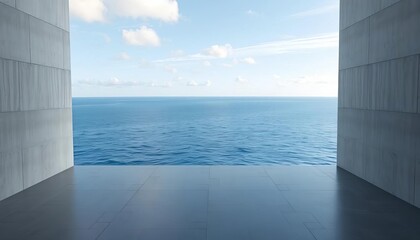 Ocean view from modern concrete building; expansive, minimalist, empty space, contemporary, cityscape